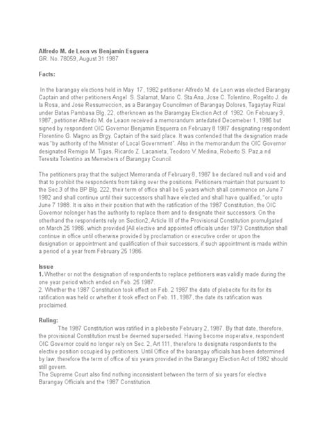 de leon vs esguerra|G.R. No. 78059. August 31, 1987 (Case Brief / Digest).